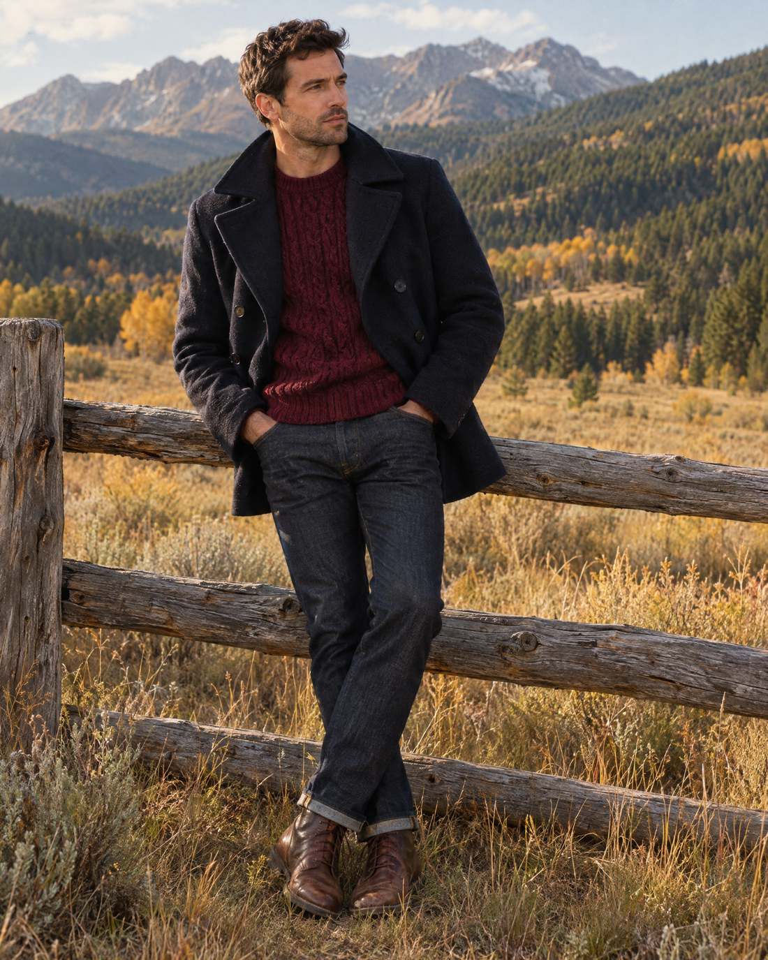 Merlot cable knit, navy peacoat