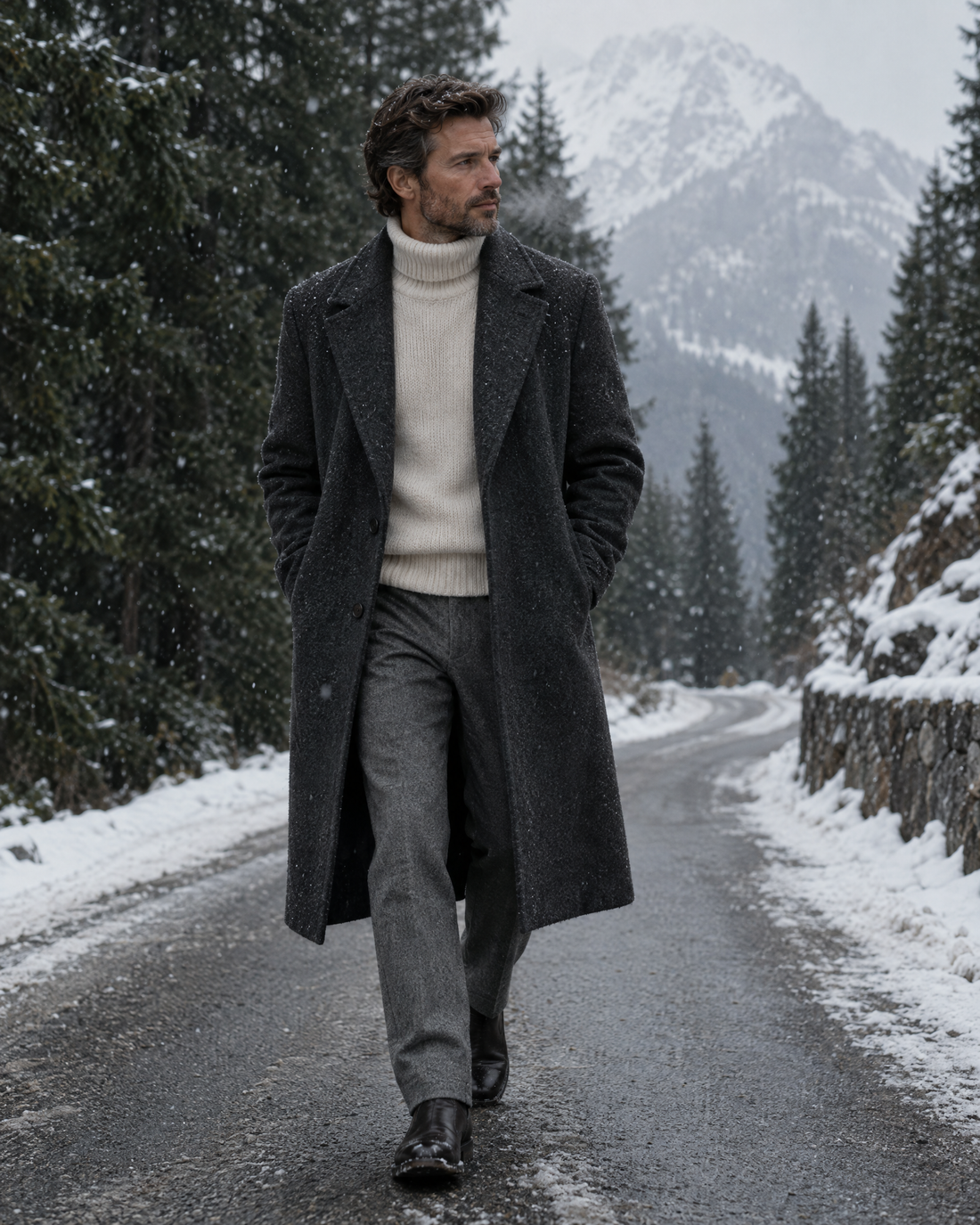 Charcoal overcoat, first snow