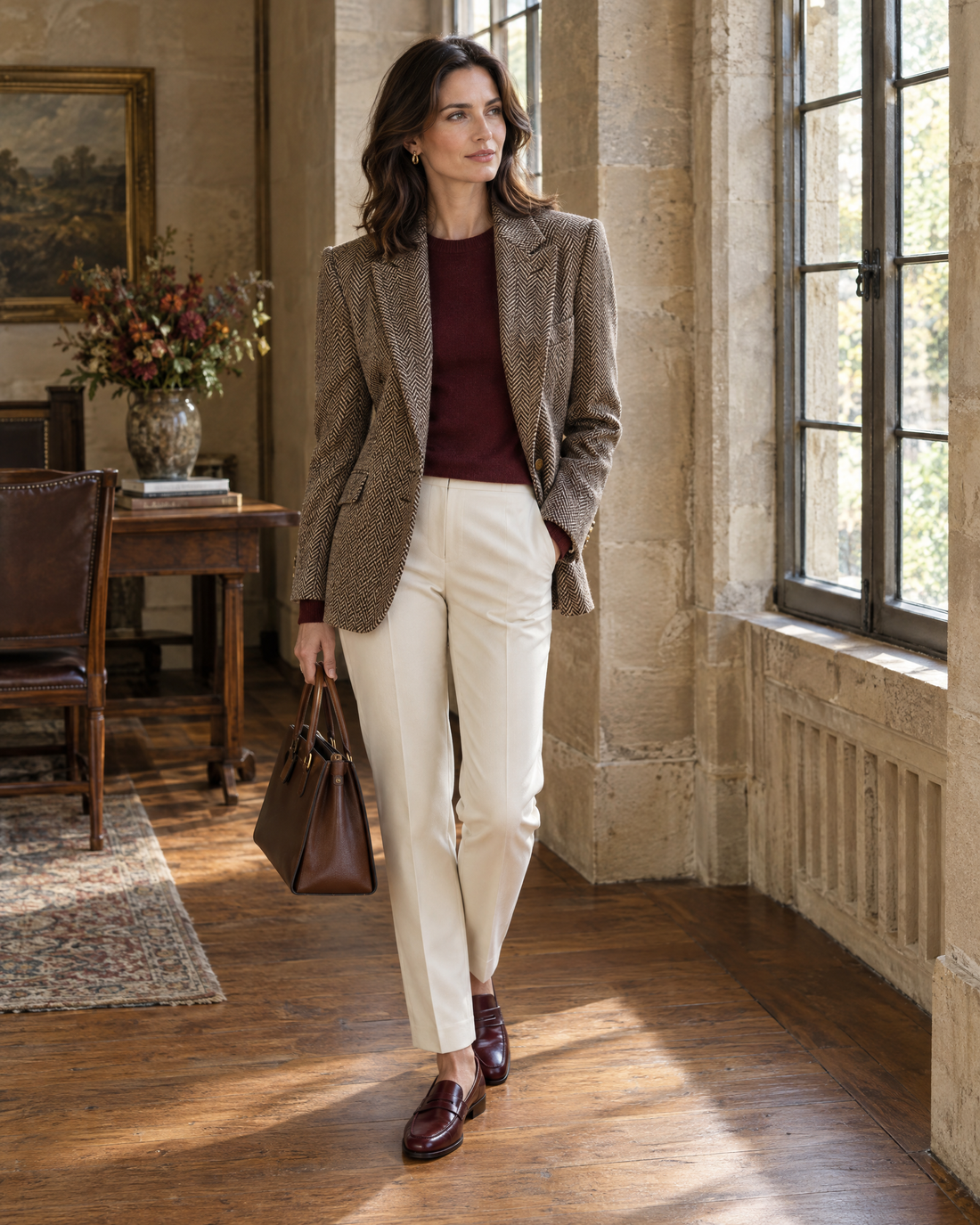 Herringbone blazer, merlot loafers