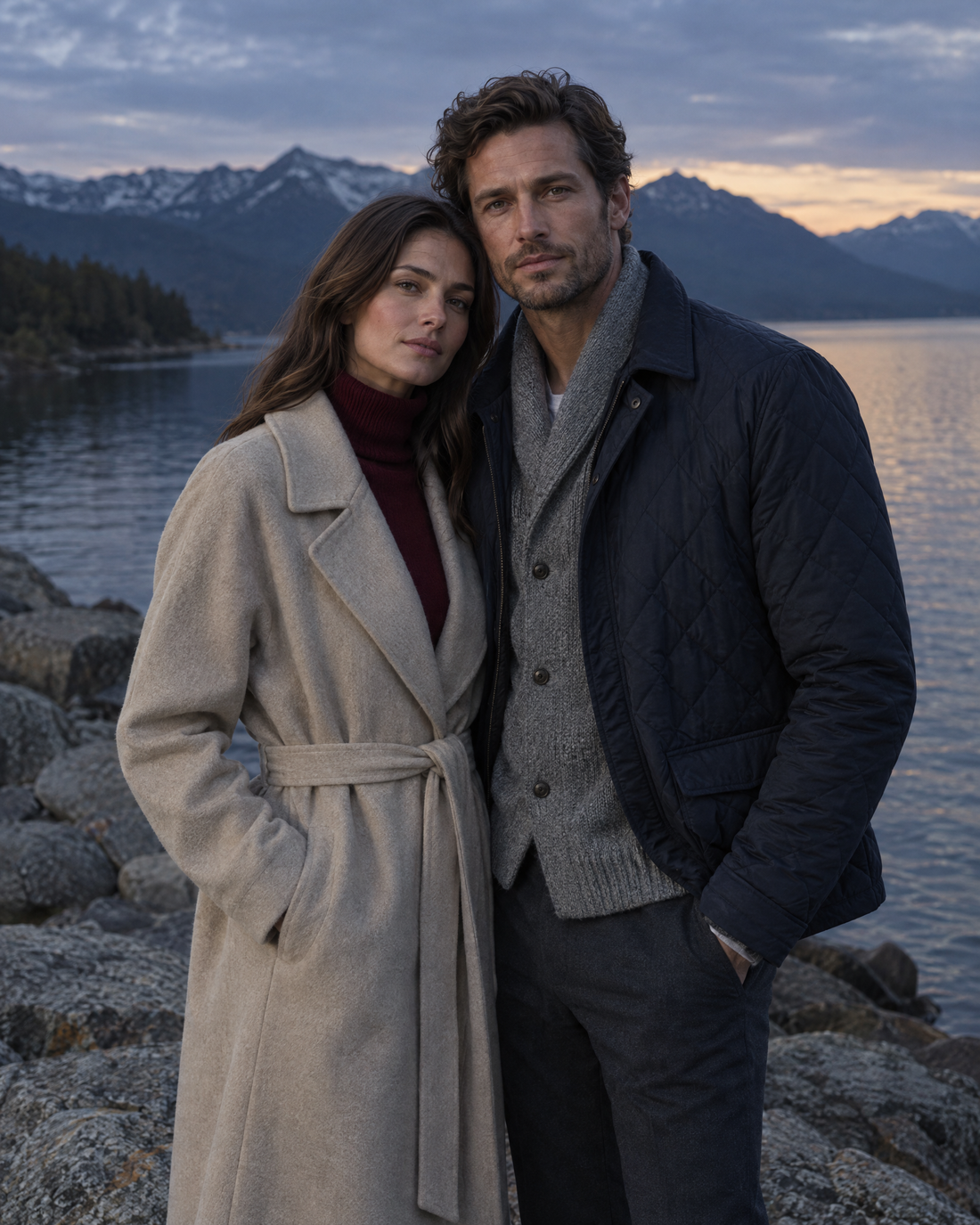 Trench & quilted jacket at dusk